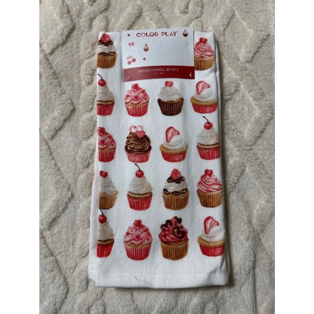 CP Valentine’s Day White Red Pink Tan Cupcakes Hearts Cotton Bamboo Tea Towels